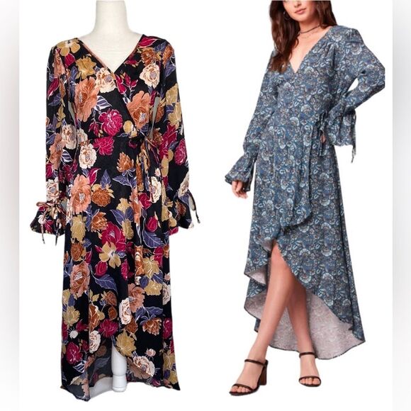 Band of the Free Black Berry Floral Wrap Maxi Dress V-Neck Long Sleeve Tie Back - Picture 1 of 16